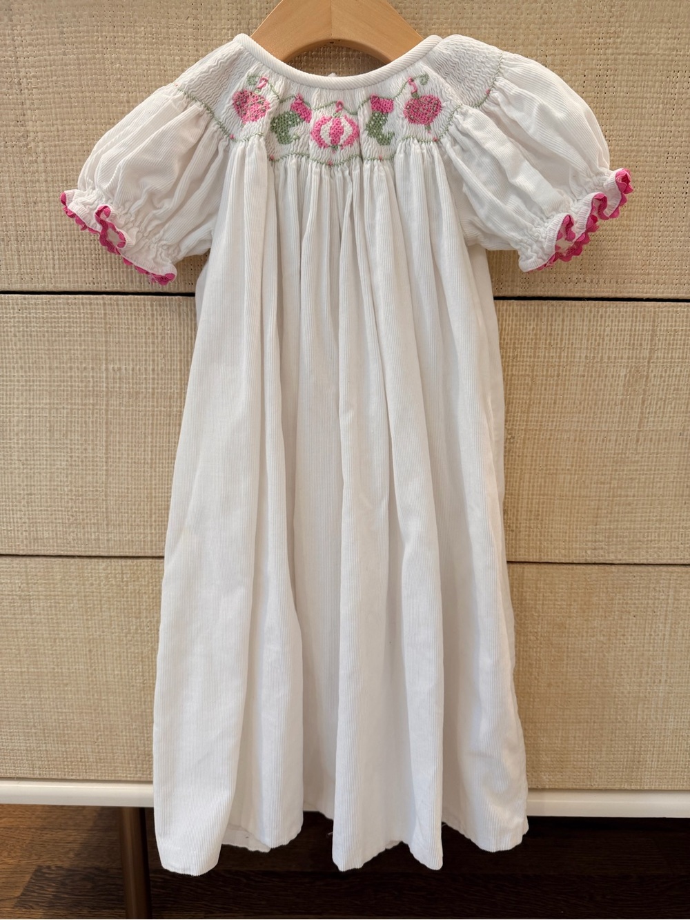 Shrimp & Grits Smocked pink, and green stocking ornament dress 2T